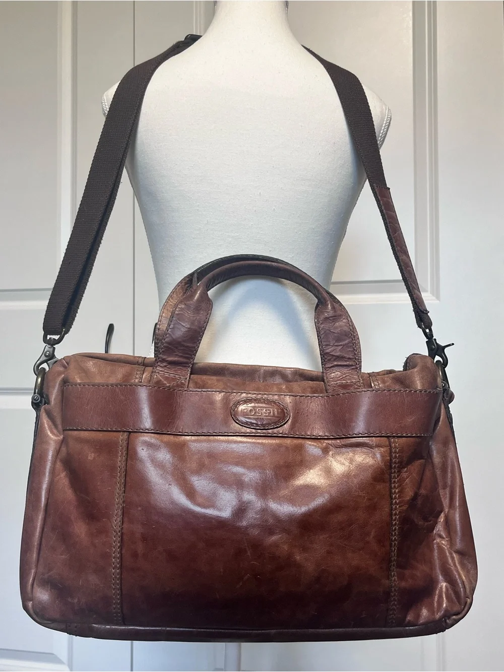 Fossil VTG 16” Brown Leather Satchel Crossbody Bag Messenger Computer Briefcase